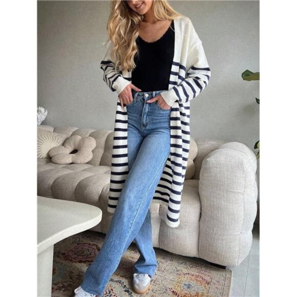 Women's Striped Simple Casual Cardigan With Long Sleeves,Warm Cardigan Sweate - Picture 1 of 9
